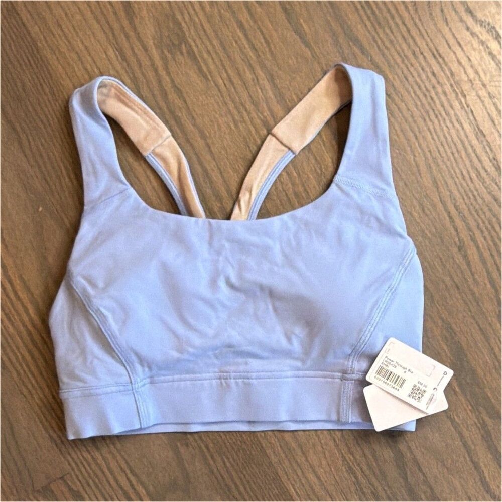LULULEMON Power Through Bra Light Pastel Blue Tan Straps Sports Bra Size 6 NWT